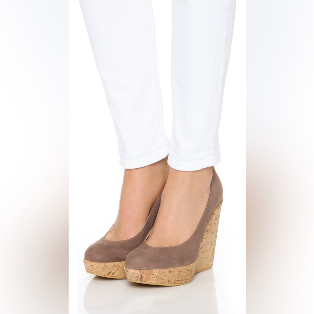 Stuart Weitzman Corkswoon Suede Leather Cork Wedge Shoes Tan Nude Size 10